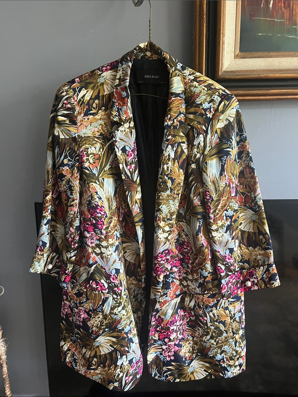 Zara Black Floral Print Blazer with Gold & Pink Accents